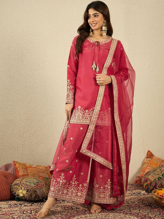 Dhiyona IN Women Floral Zari and Sequinned Embroidered Kurta Set with Dupatta