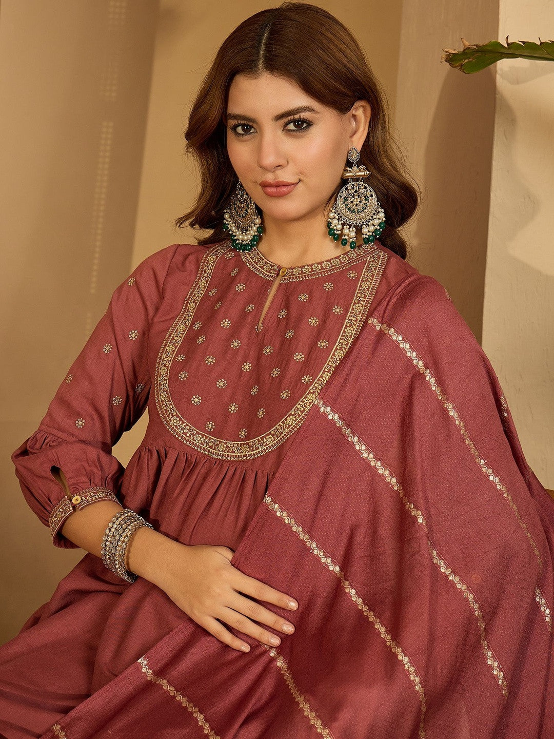 Women Maroon Embroidered Kurta Sets With Dupatta