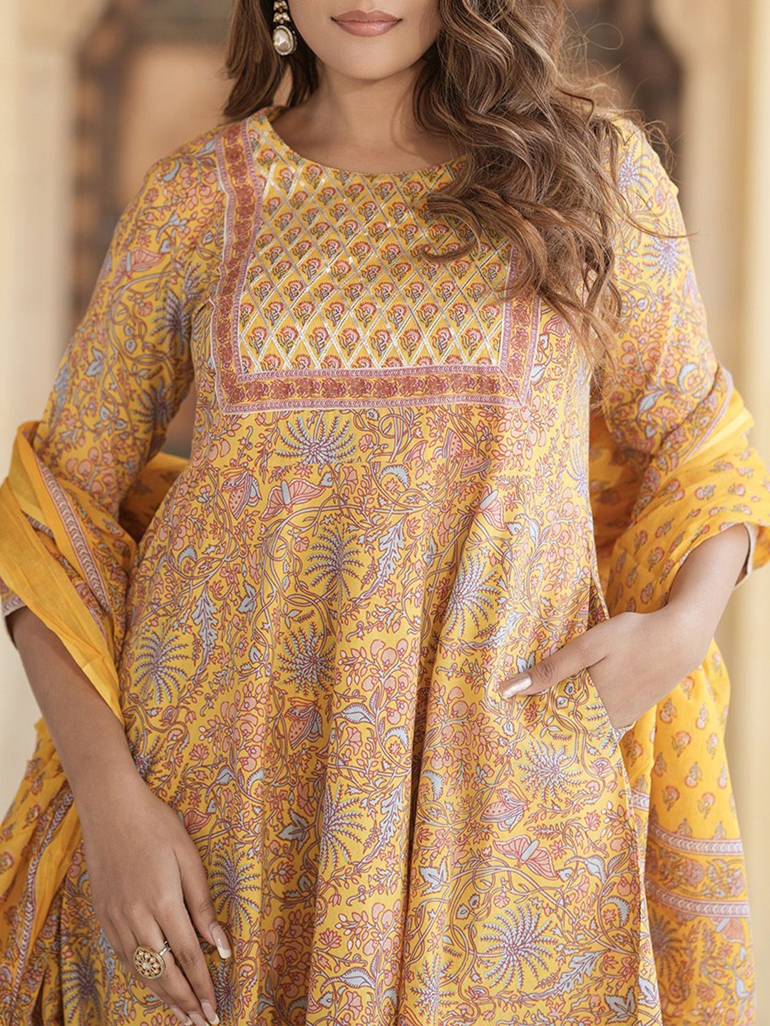 Dhiyona KL Floral Printed Gotta Patti Pure Cotton Anarkali Kurta with Trousers & Dupatta