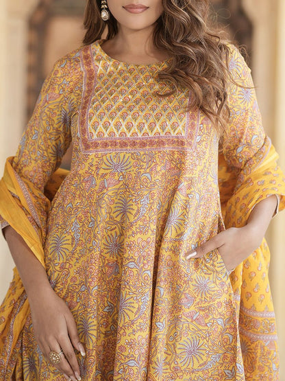 Dhiyona KL Floral Printed Gotta Patti Pure Cotton Anarkali Kurta with Trousers & Dupatta