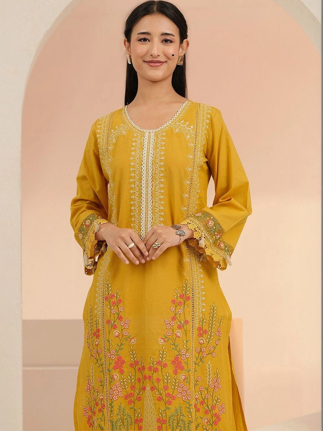 Mustard Floral Embridered Cotton Straight Suit Set
