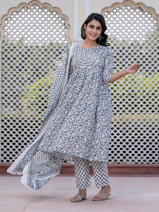 Dhiyona KL Women Floral Embroidered Regular Pure Cotton Kurta with Trousers & With Dupatta