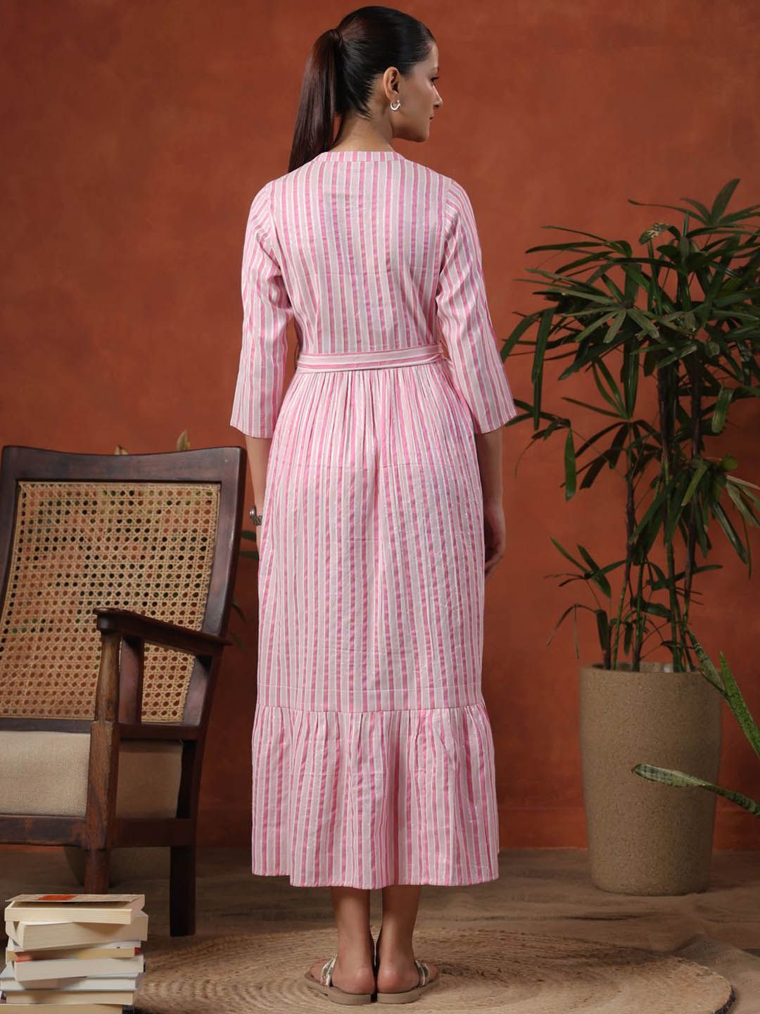 Dhiyona AY Women's Striped Jacquard Mandarin Collar Maxi Dress With Belt