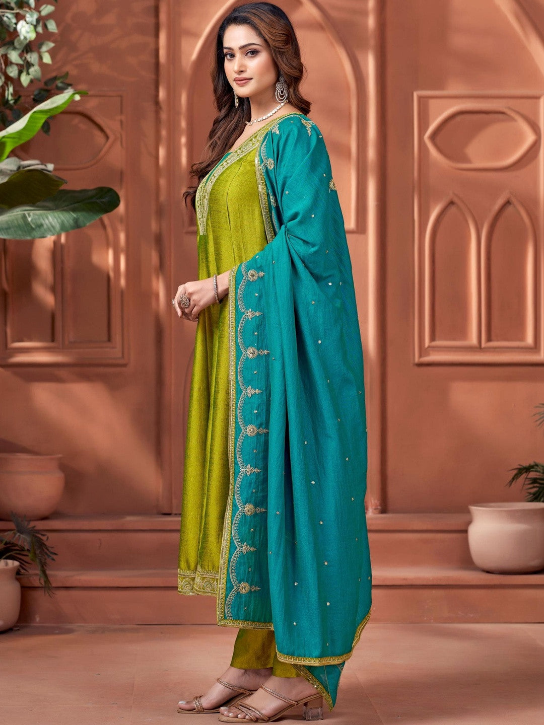 Embroidered V-Neck Kurta Trousers & Dupatta