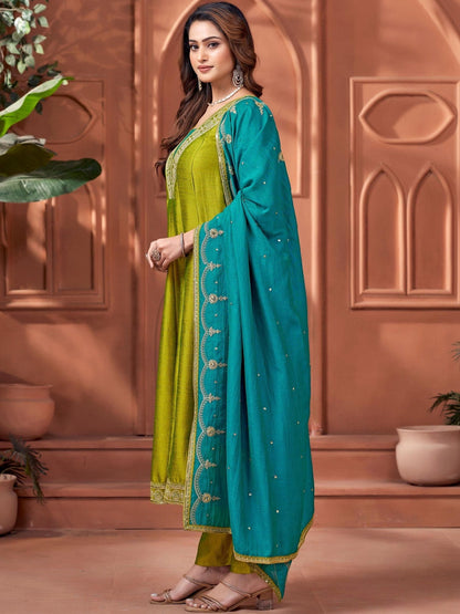 Embroidered V-Neck Kurta Trousers & Dupatta