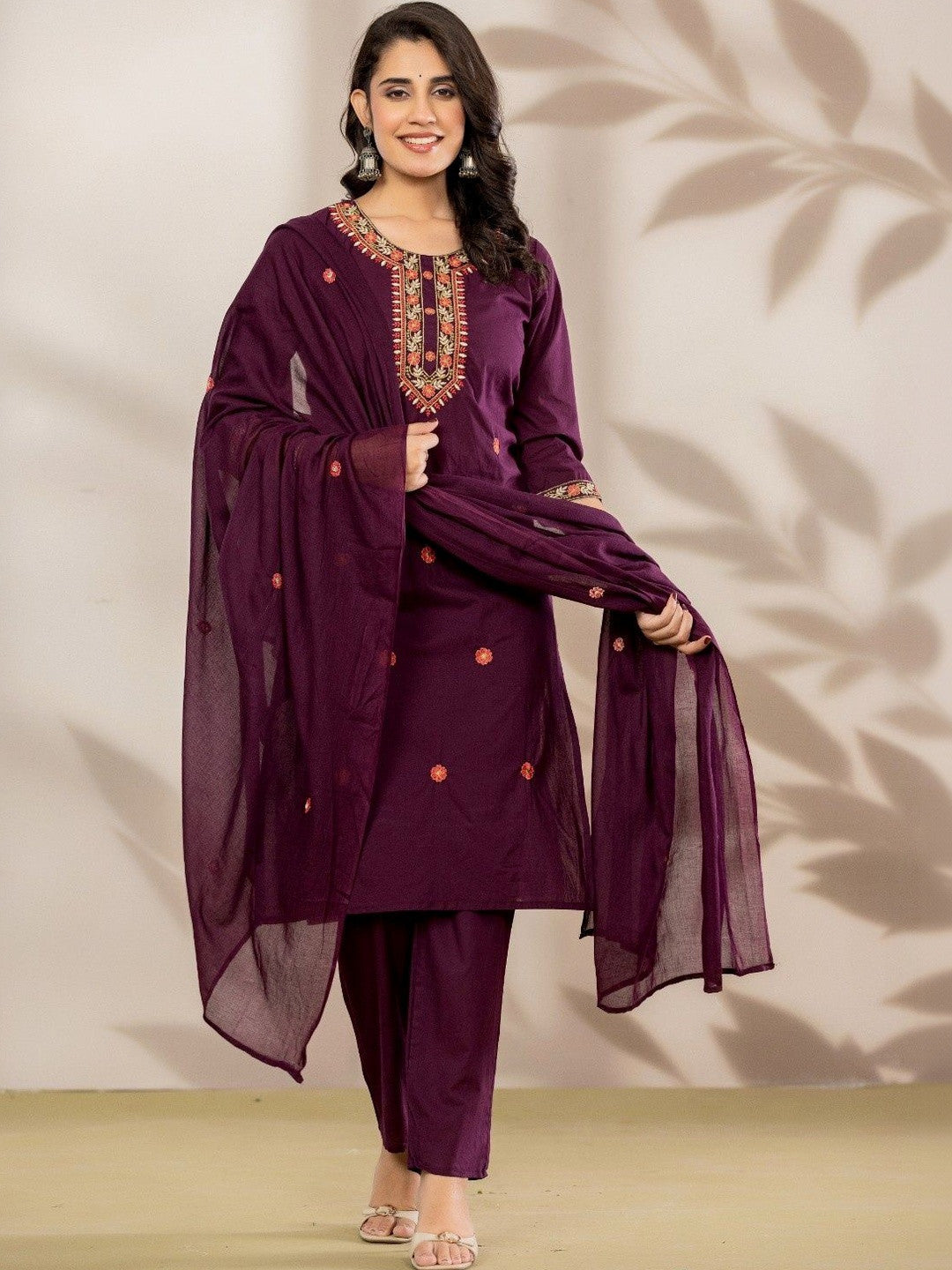 Women Ethnic Motifs Embroidered Regular Thread Work Pure Cotton Kurta with Trousers & With Dupatta