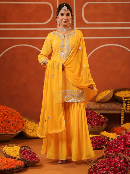 Dhiyona SC Women Bandhani Printed Gotta Patti Straight Kurta with Sharara & Dupatta