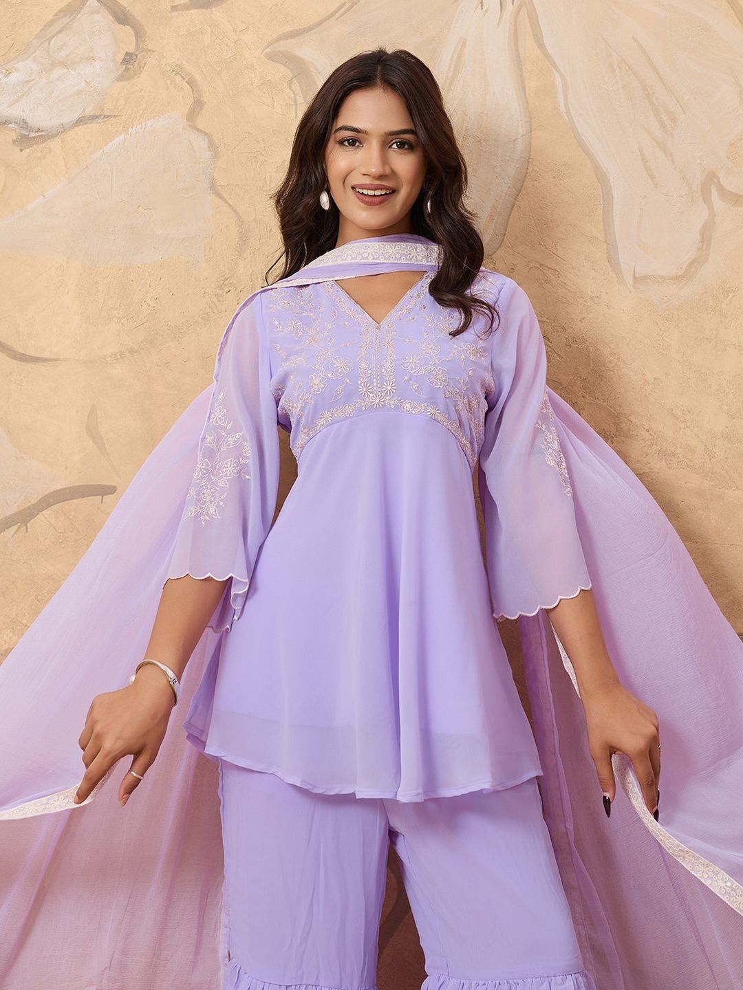 Dhiyona HOP Women Floral Embroidered A-Line Kurta with Sharara & Dupatta