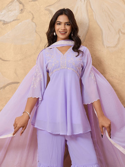 Dhiyona HOP Women Floral Embroidered A-Line Kurta with Sharara & Dupatta