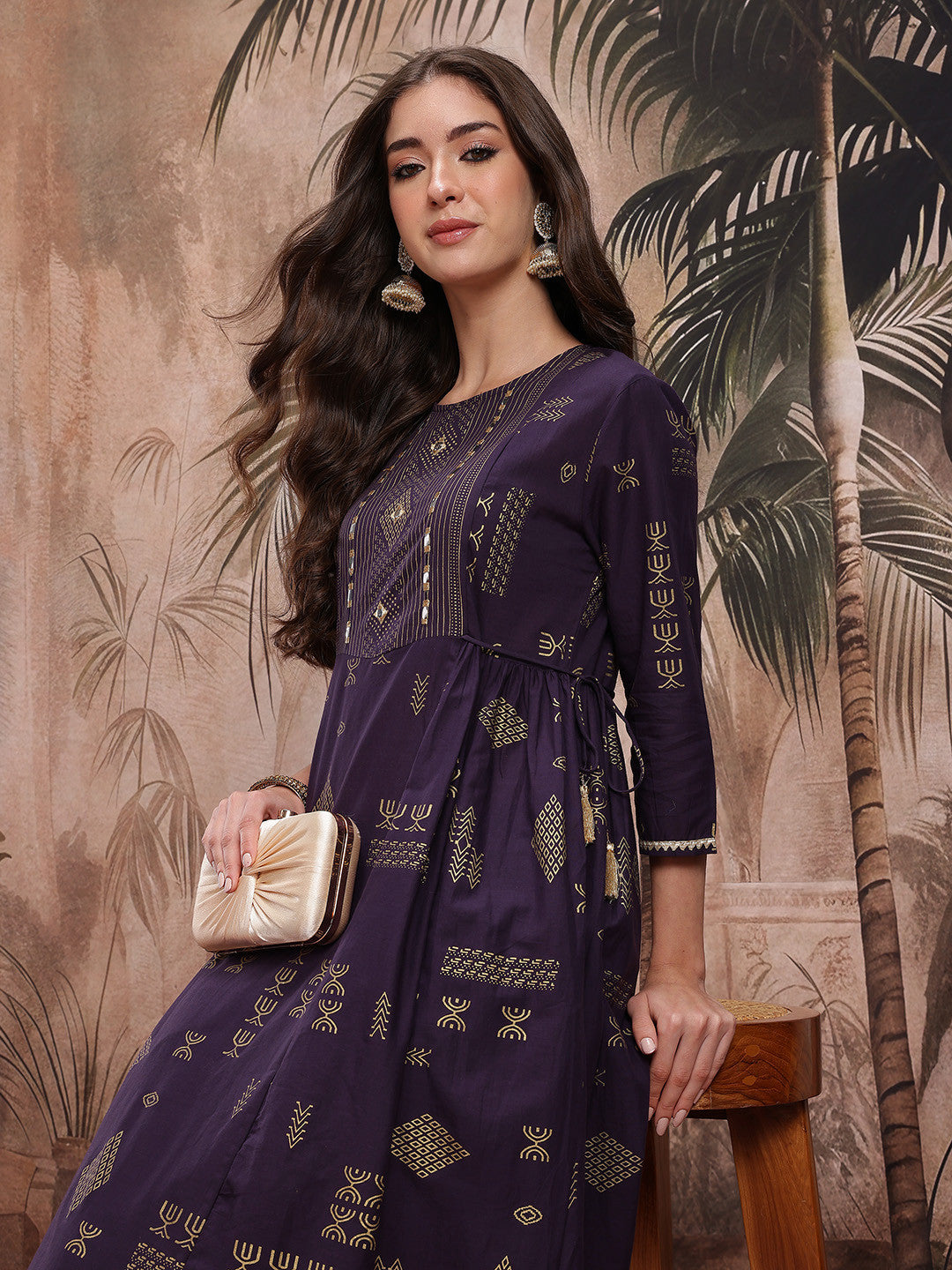 Dhiyona SN Gotta Patti Tribal Printed Yoke Kurta with Trousers with Tie Up Detail