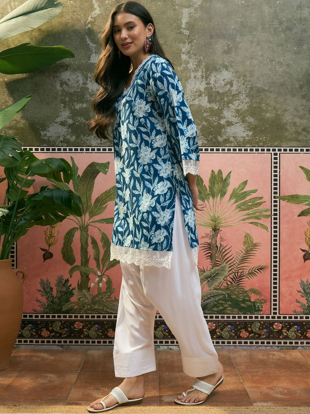 Printed Pure Cotton V-Neck Kurti & Salwar
