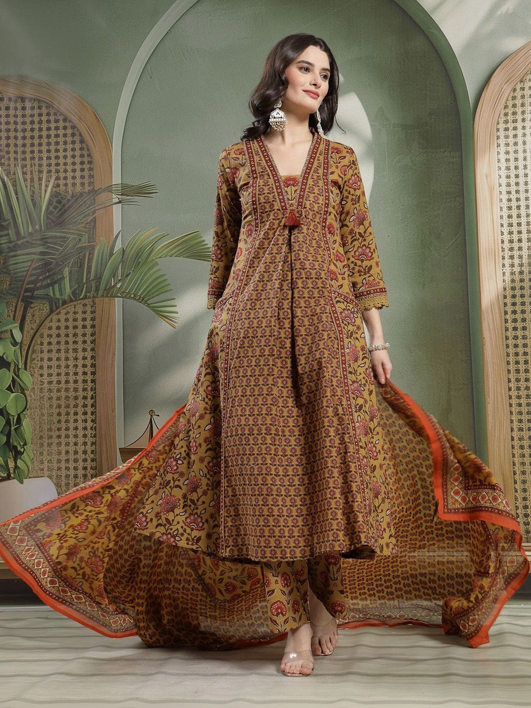 Printed Pure Cotton V-Neck Kurta & Palazzos With Dupatta