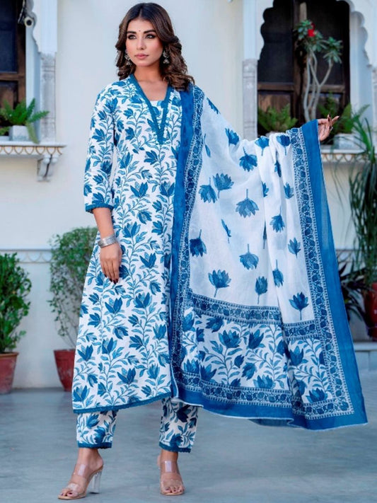 Dhiyona KL Women Floral Printed Pleated Pure Cotton Kurta with Trousers & With Dupatta