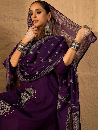 Women Ethnic Motifs Embroidered Regular Thread Work Pure Cotton Kurta with Trousers & With Dupatta