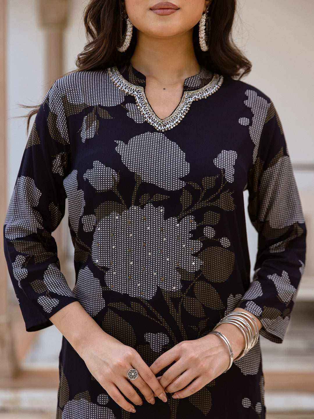 Floral Printed Notch Neck Sequinned Straight Kurta & Palazzos