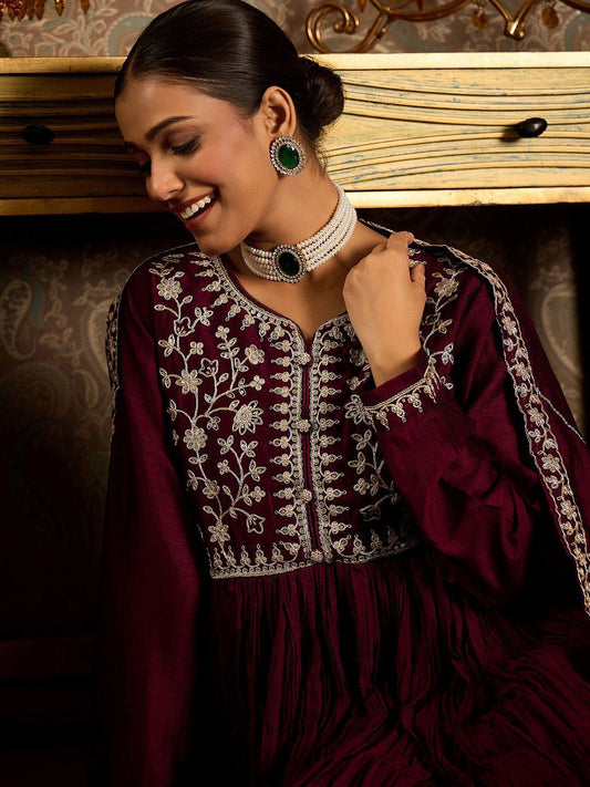 Floral Zari Embroidered Pleated A-Line Kurta with Trouser & Dupatta