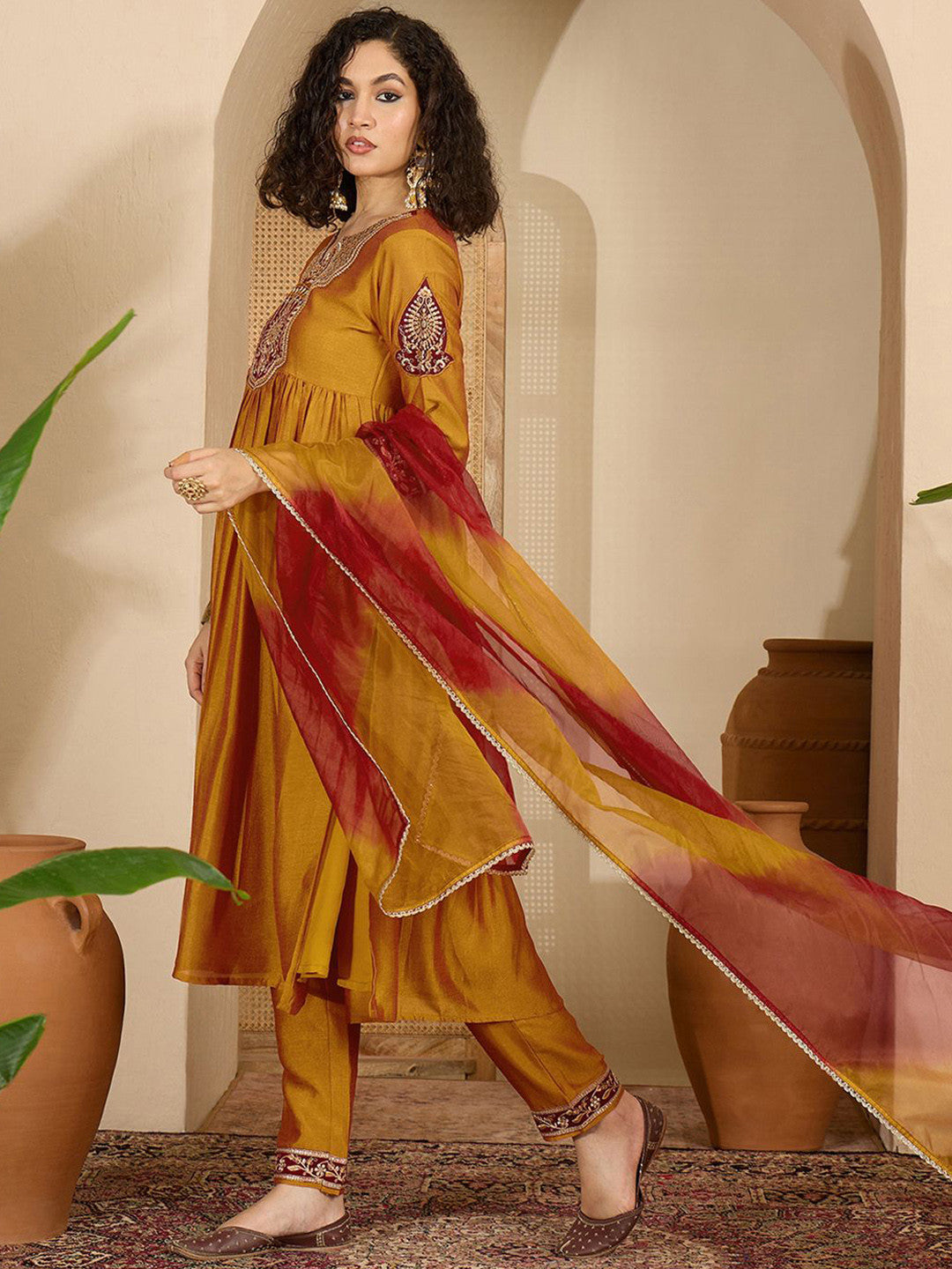 Zari Sequence Thread Embroidered A-Line Kurta With Trouser & Dupatta