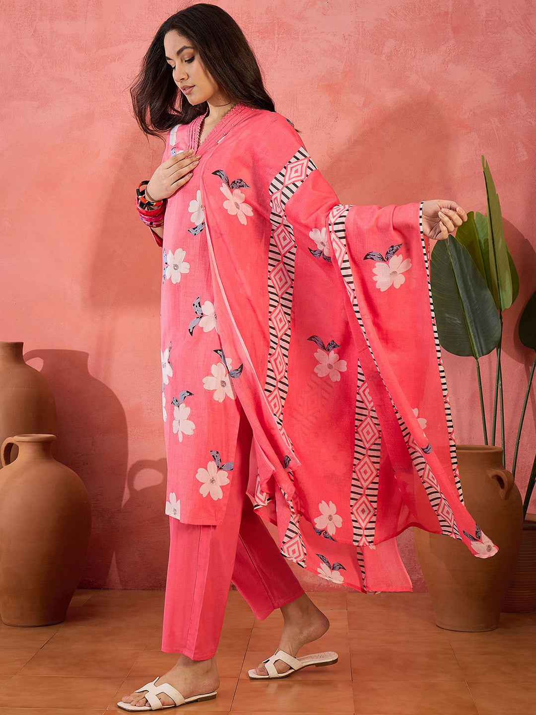 Floral Printed Pure Cotton Straight Kurta & Trousers With Dupatta