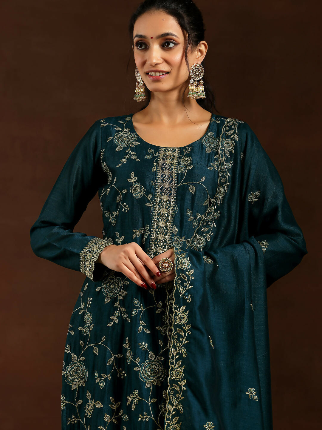 Women's LB Teal Embroidered Silk Blend Straight Suit With Dupatta