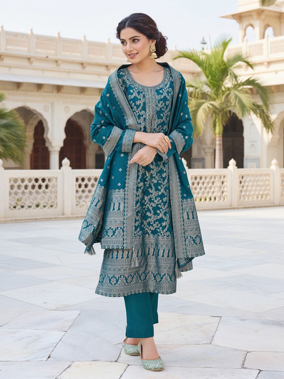 Dhiyona KL Floral Woven Design Straight Kurta with Trousers & Dupatta