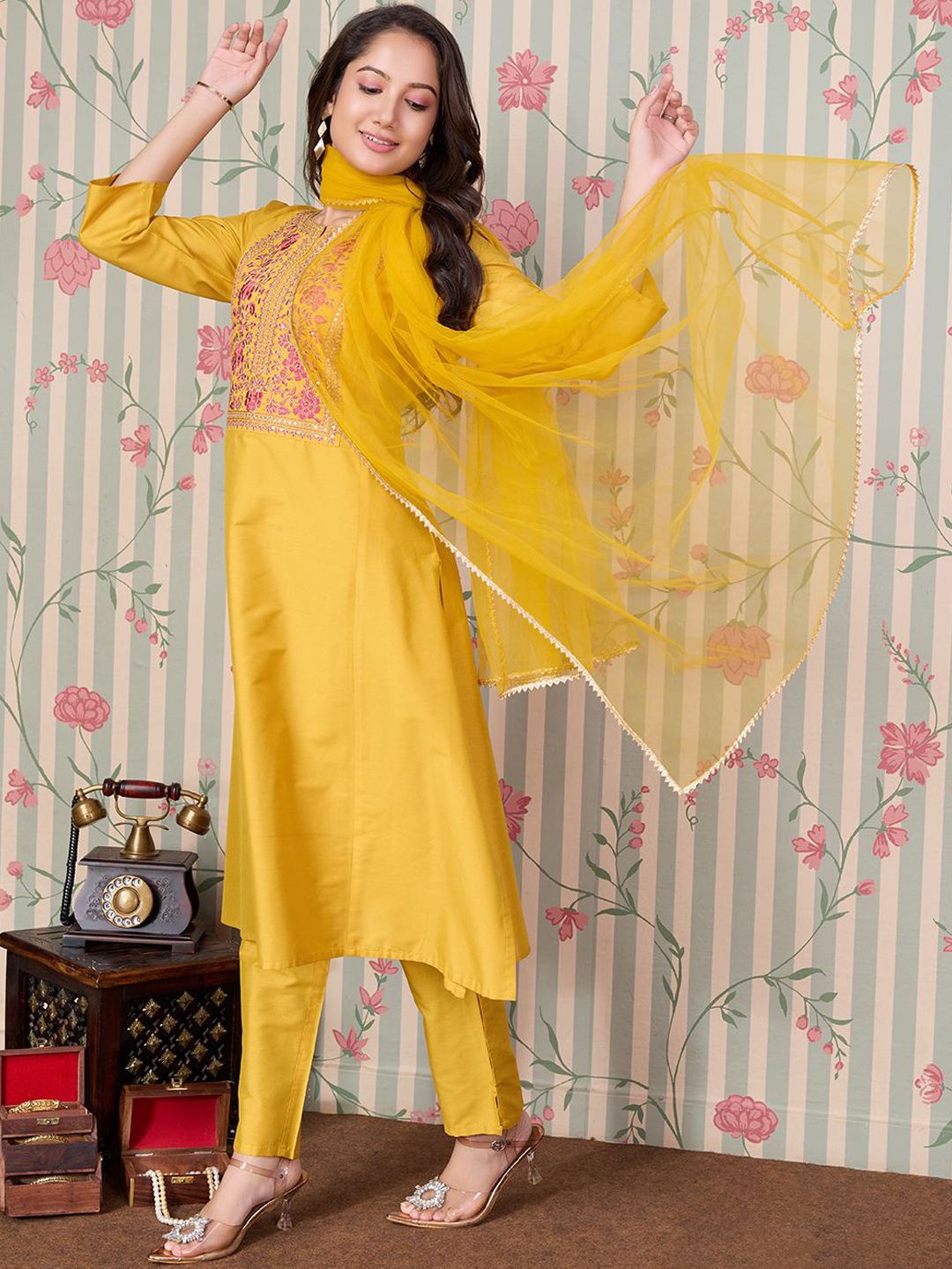 Dhiyona OD  Floral Embroidered A Line Kurta with Trousers & With Dupatta