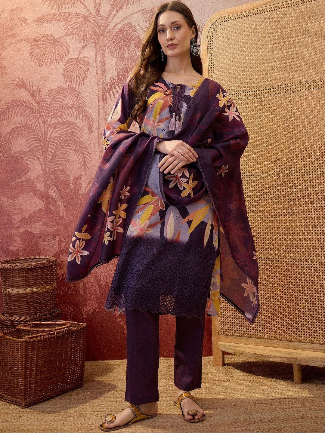 Dhiyona SN Floral Printed Round Neck Lace Hem Kurta & Trousers With Dupatta