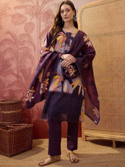 Floral Printed Round Neck Lace Hem Kurta & Trousers With Dupatta