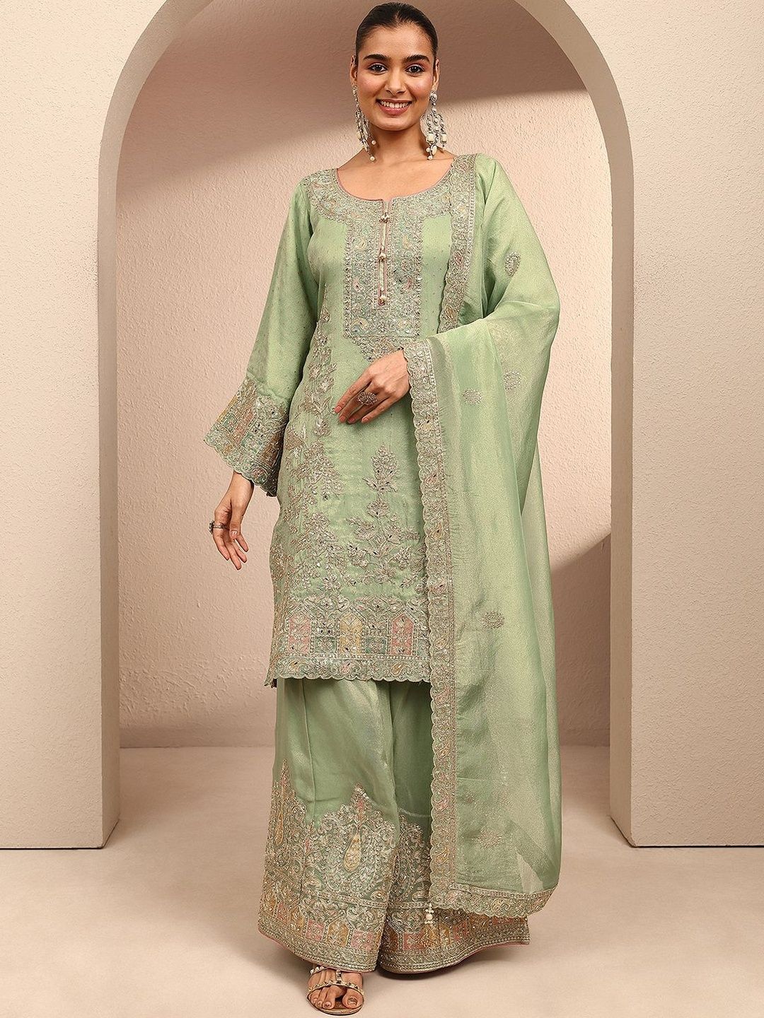 Dhiyona LL Women Ethnic Motifs Embroidered Regular Thread Work Kurta with Palazzos & With Dupatta