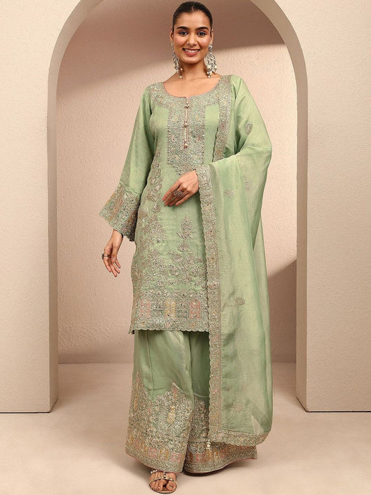 Dhiyona LL Women Ethnic Motifs Embroidered Regular Thread Work Kurta with Palazzos & With Dupatta