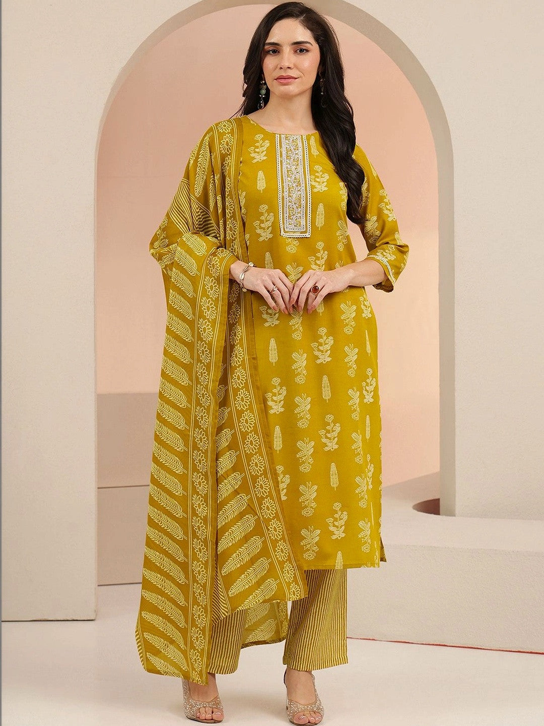 Mustard Floral Printed Cotton Blend Straight Suit Set