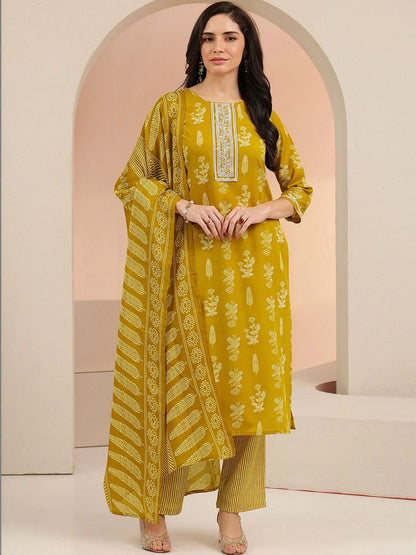 Mustard Floral Printed Cotton Blend Straight Suit Set