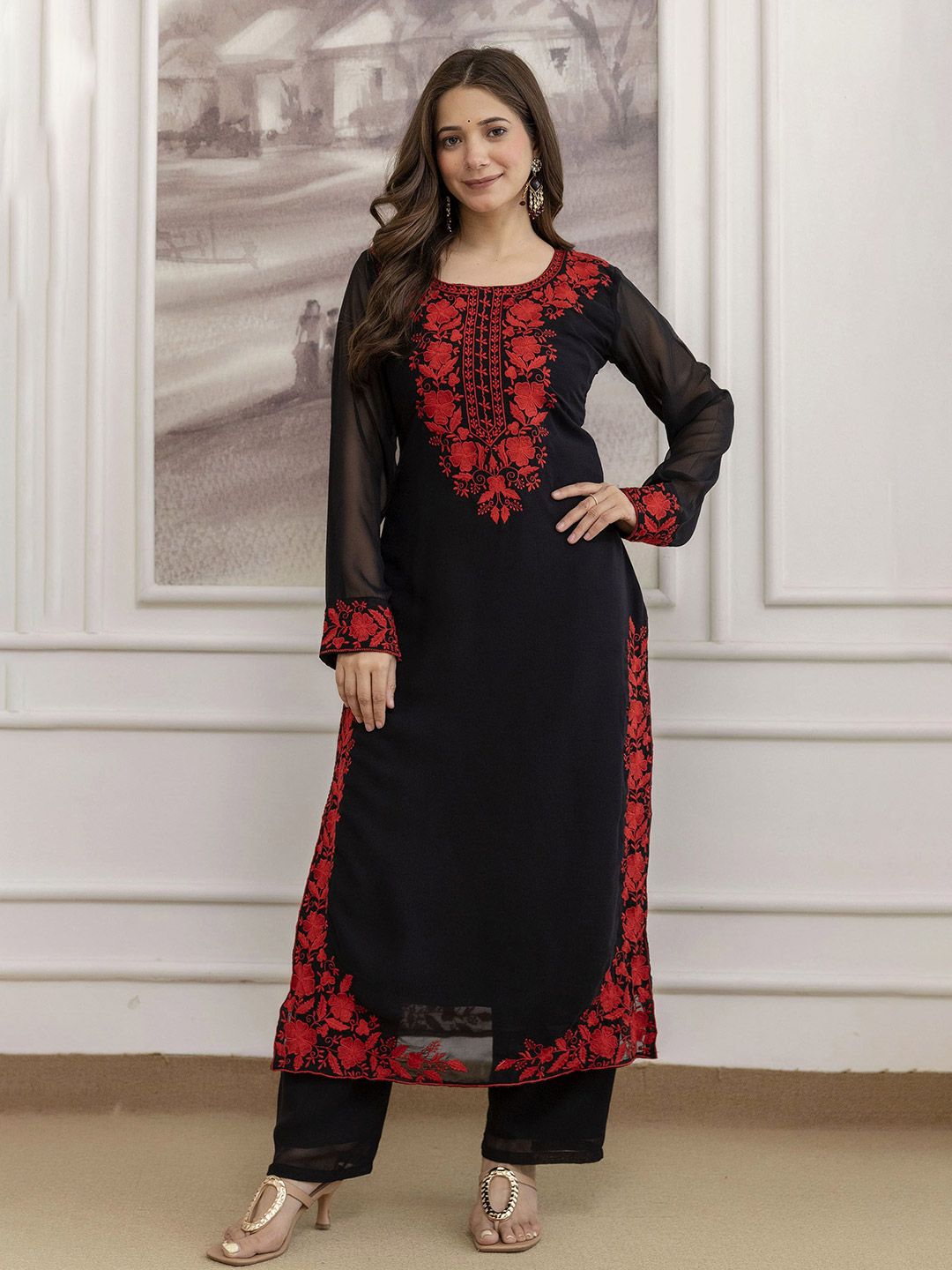 Dhiyona KL Women Ethnic Motifs Embroidered Regular Thread Work Kurta with Palazzos & With Dupatta