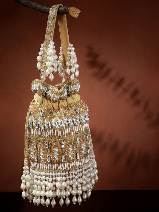 Dhiyona NR Dewdrop Fringe Camel Brown & Pearls White Ornate Embellished Velvet Potli