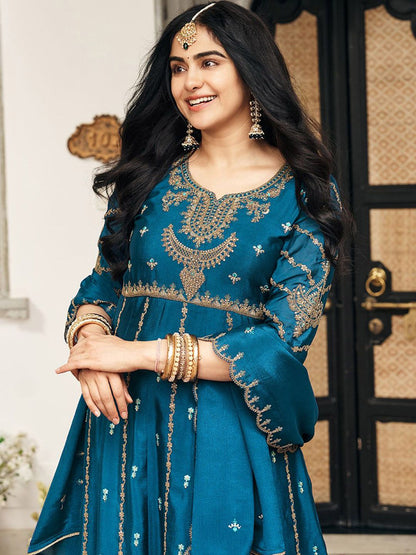Dhiyona CH Floral Embroidered Pleated Sequinned A-Line Kurta With Trousers & Dupatta