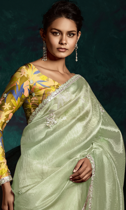 Dhiyona KM Women See Green Designer Organza Saree  “ A Blush Of Elegance