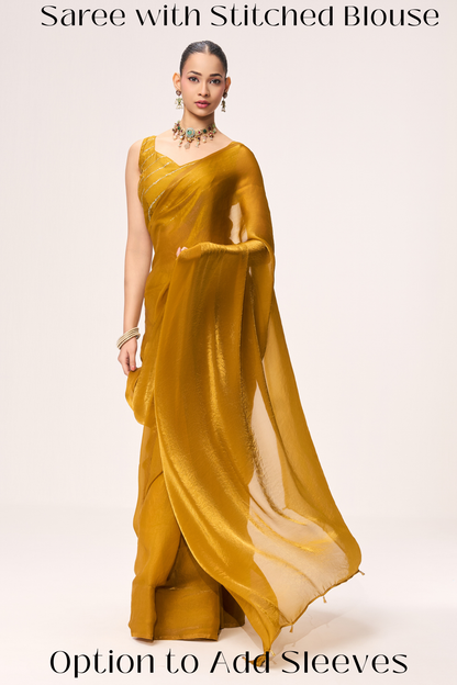 Dhiyona ST With Readymade Blouse - Yellow Metallic Satin Saree with Yellow Sequin Readymade Blouse