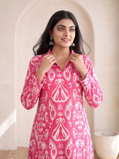 ARANYA ROSE IKAT PRINT PREMIUM PURE COTTON KURTA PANT SET