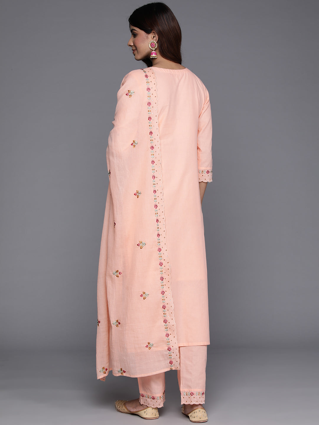 Dhiyona VR Women's Peach Thread And Sequins Embroidered Kurta With Tonal Bottom And Dupatta