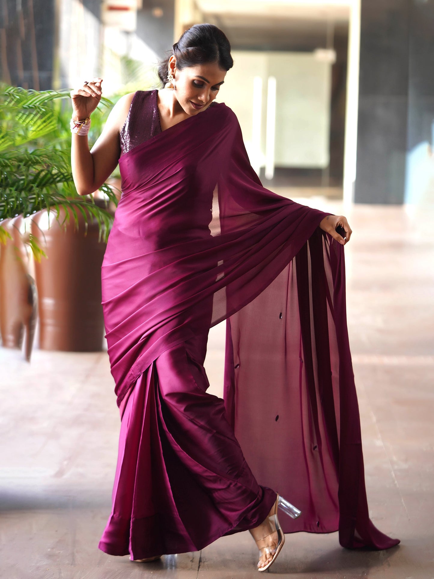 Dhiyona ST Pre-Draped 1-Minute Wine Satin Saree With Self Fabric Blouse