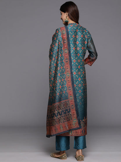 Dhiyona VR Women's Patola Printed, Teal & Beige Mandrin Collar ,Straight Kurta With Solid Bottom And Printed Dupatta