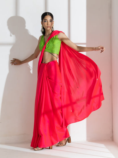 Dhiyona ST Hot Pink Satin Saree with Rainbow Beads and Green Sequin Blouse Fabric