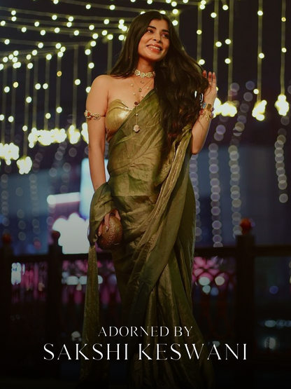 Dhiyona ST 2 pc SET - Copper Green Metallic Satin Pocket Skirt Saree with Gold Corset Blouse