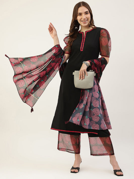 Women's Black Crepe Straight Kurta with Palazzo and Dupatta