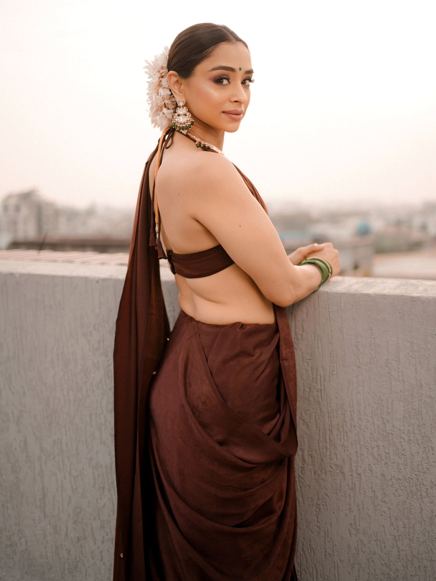 Dhiyona ST Romano Coffee Posh Saree with Diamonds and Blouse Fabric