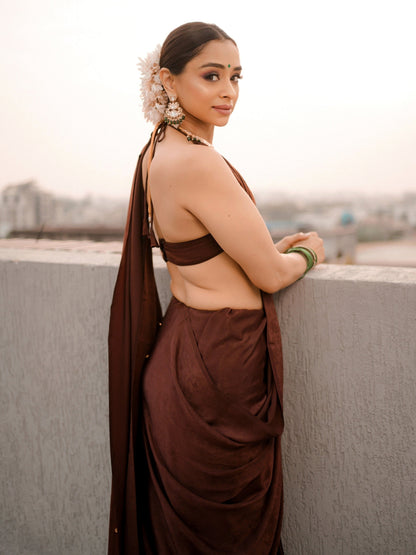 Dhiyona ST Romano Coffee Posh Saree with Diamonds and Blouse Fabric
