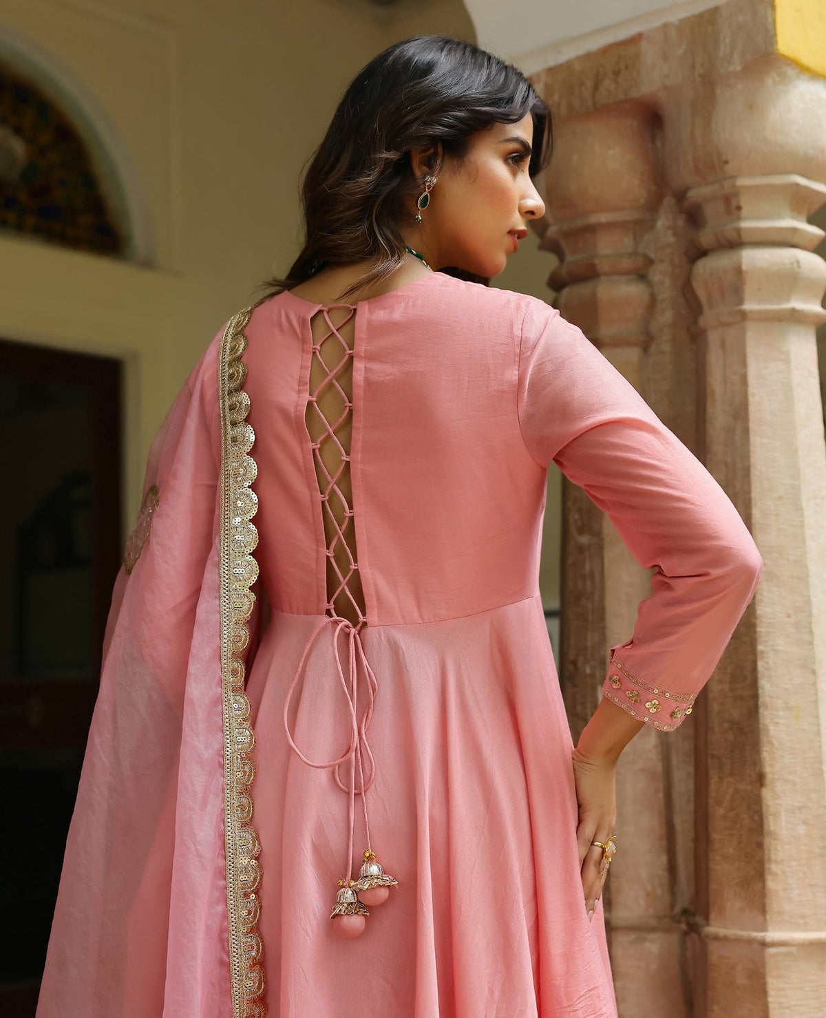 Leher Rose Pink Chanderi Suit Set