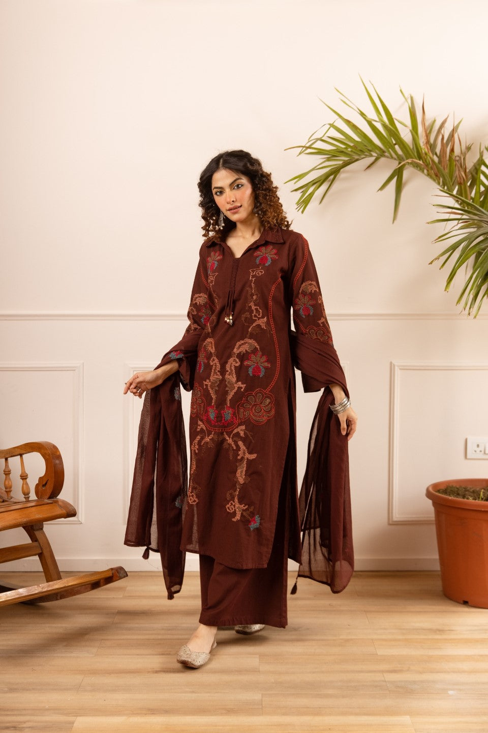 Karen chestnut embroidery cotton suit set