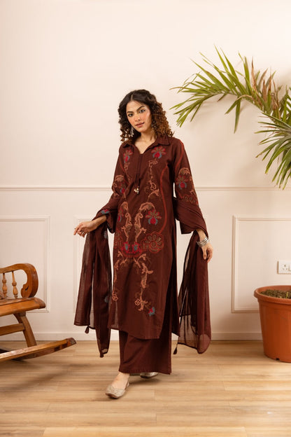 Karen chestnut embroidery cotton suit set