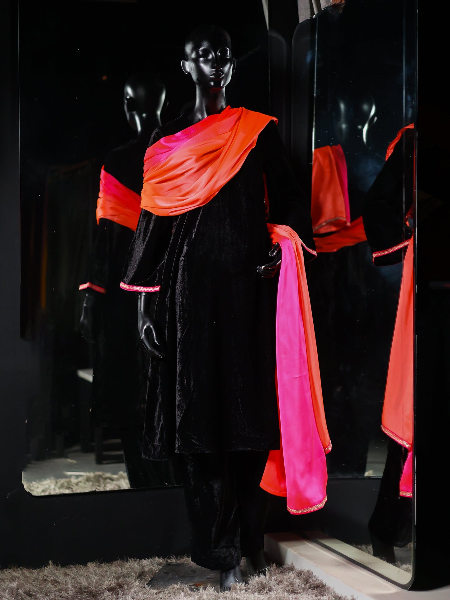Dhiyona ST Women's Black Velvet Kurta with Pant and Pink Sunset Dupatta with Lace 3 Piece Set | Straight Fit, Round Neck, Full Sleeves, Pants, Festive Wear, (Velvet)