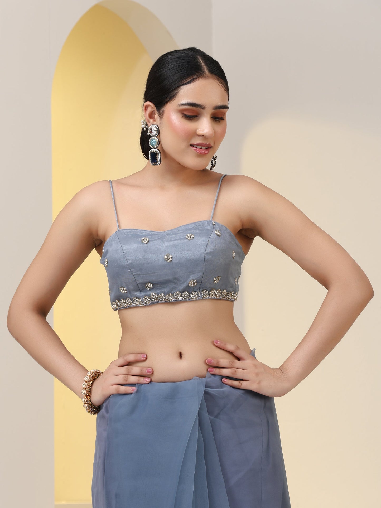 Dhiyona ST Blue Cloud Hand Embroidered Saree with Blouse Fabric